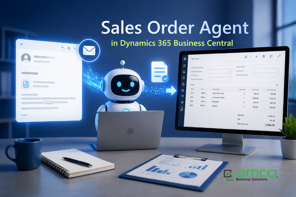 ภาพประกอบบทความเกี่ยวกับ Sales Order Agent ใน Dynamics 365 Business Central แสดงแนวคิดการใช้ AI Agent เพื่อช่วยรับคำขอจากลูกค้า วิเคราะห์ข้อมูล สร้าง Sales Quotation และจัดเตรียม Sales Order ภายใต้การตรวจสอบของผู้ใช้งาน เหมาะสำหรับองค์กรที่ต้องการยกระดับกระบวนการขายสู่ Agentic ERP