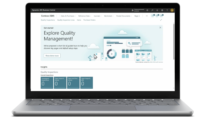 Dynamics 365 Business Central Quality Management dashboard for managing quality inspections, monitoring quality performance, and supporting quality control processes across the organization.