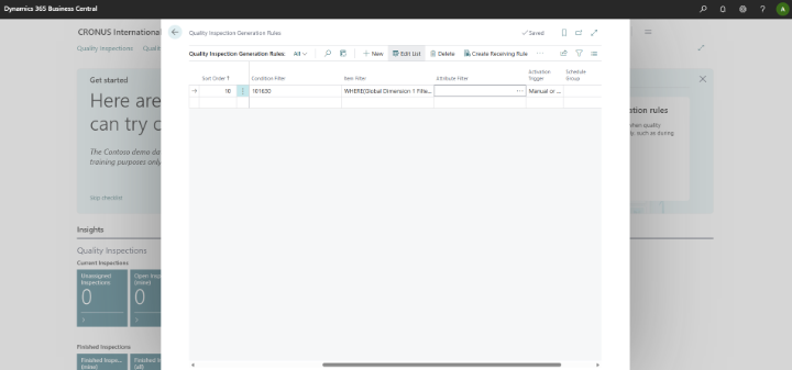 Quality Inspection Generation Rules setup page in Dynamics 365 Business Central for automatically creating quality inspections based on item and transaction conditions.