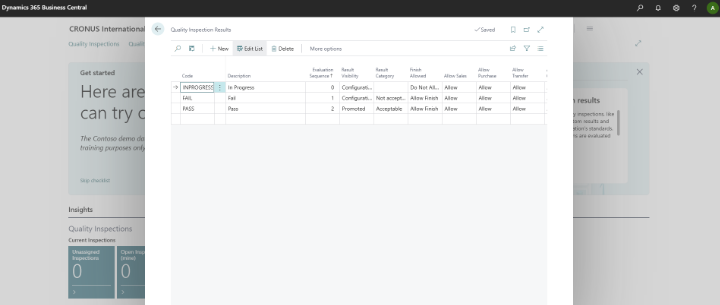 Quality Inspection Results configuration page in Dynamics 365 Business Central showing inspection outcomes such as Pass, Fail, and In Progress.