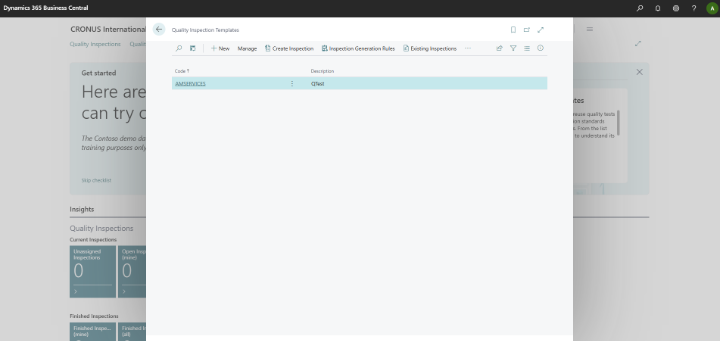Quality Inspection Template setup in Dynamics 365 Business Central for defining standardized quality control criteria.