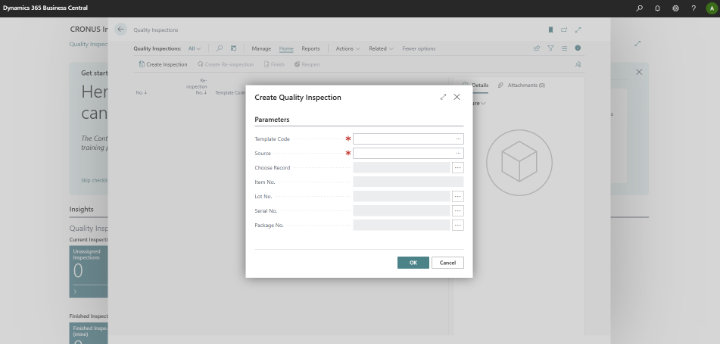 Creating a Quality Inspection record in Dynamics 365 Business Central to perform product quality checks and record inspection results.